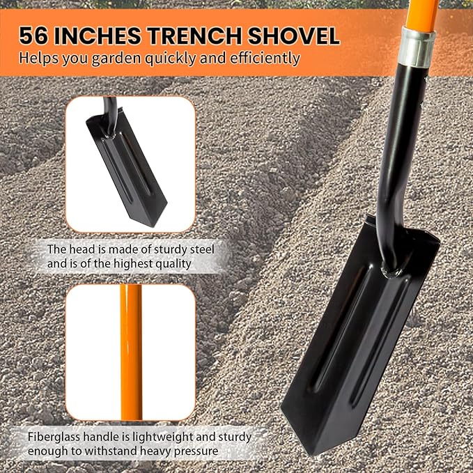 Nohovu Trench Shovel for Digging, 4-Inch Trench Shovel, Heavy Duty Trenching Shovel with Fiberglass Handle, 56 Inches
