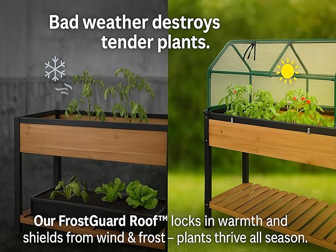 GOJ Raised Garden Bed Wood 48x24x32 inch with Greenhouse & Lockable Wheels - Elevated Wood Planter Box for Outdoors Vegetable Flower Bed Herb Planter - 400 lbs Capacity