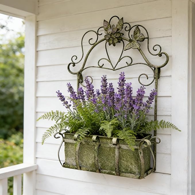 Rustic Metal Wall Planter Vintage Wall Mounted Flower Pot Farmhouse Distressed Wall Hanging Plant Basket with Floral & Butterfly Decor for Indoor Outdoor Garden Home Yard (Green#2)