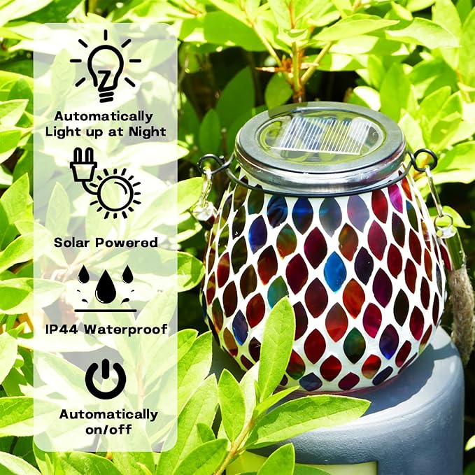 2 Pack Mosaic Red Solar Lanterns, Outdoor Glass Hanging Lights, Waterproof, Solar Table Lamps, Christmas Gifts for Women Mom Grandma, Night Lights, Decoration for Garden, Patio, Yard, Outdoor Decor