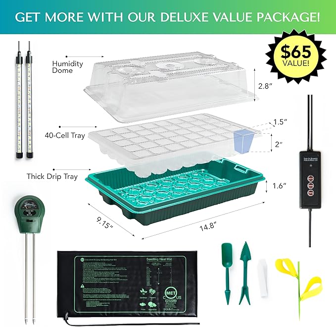 Seed Starter Kit with Grow Lights & Heat Mat – 40-Cell Seed Starter Tray, Humidity Dome, Soil Moisture Meter & Sticky Gnat Traps – Indoor Greenhouse & Plant Propagation Station