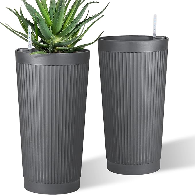 Set of 2 Tall Self-Watering Planters, 24" Large Planters with Water Level Indicator for Indoor & Outdoor Plants, Modern Planters for Garden, Patio, Balcony, Porch, Cement Gray