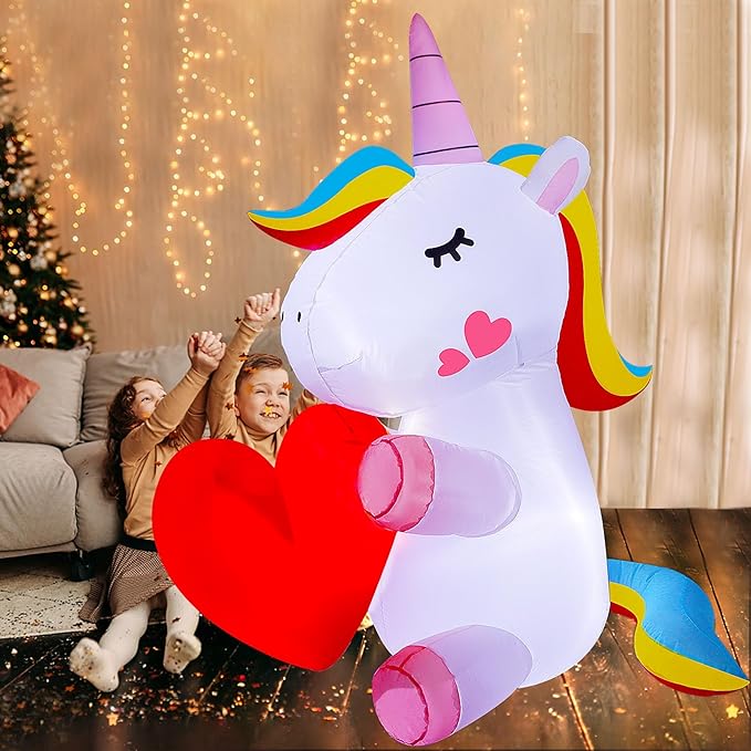Lulu Home Lighted Yard Decorations, 5 FT Large Inflatable Light Up Unicorn Holding A Red Heart, Valentines' Day Blow Up Adorable Rainbow Colorful Unicorn Outdoor Indoor Party Display Decor
