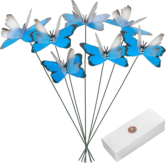Handmade Blue Sky Butterfly Garden Stakes - Set of 7 Premium 3D Hand-Painted Butterflies with Fluttering Spring Movement, Weatherproof Metal Rod, Outdoor Indoor Decor, Ideal Gift