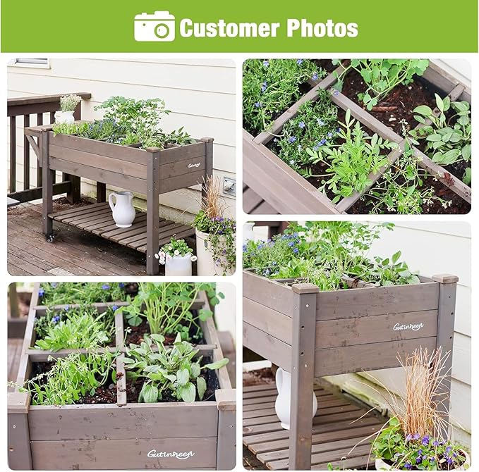 GUTINNEEN Raised Garden Bed for Herbs, Patio Elevated Flower Planter Vegetable Boxes with Grow Grid - Large Storage Shelf Brown