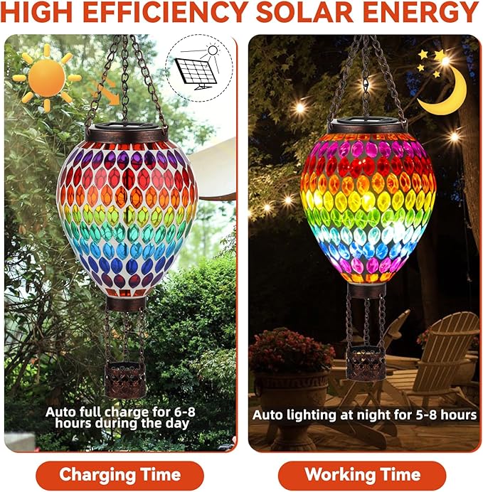 VOREEN Hot Air Balloon Solar Lantern, Handmade Mosaic Solar Outdoor Hanging Wind Light, Waterproof, Patio Festive Decor, Gift for Mom Wife Friend, Rainbow Pattern