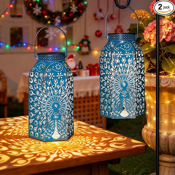 Christmas Gifts for Women Solar Lanterns Outdoor Waterproof Peacock Garden Gifts Mom, Big Solar Lights, Garden Decor, Yard Art, Mothers' Day Birthday Gifts Grandma Grandpa(2Pack, Blue Gold