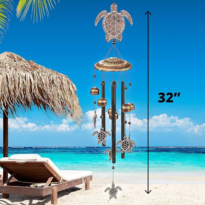 VP Home 32" H Rustic Sea Green Tribal Turtles Wind Chimes for Outside Unique Sea Turtle Windchimes for Outdoor Decoration and Garden Decoration, Gift for Women, Mom, Grandma, Unisex