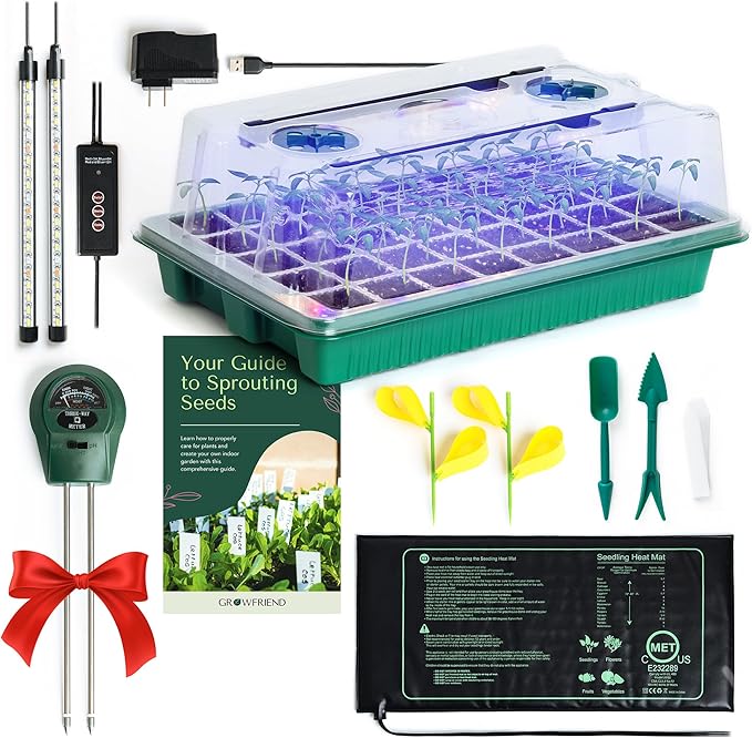 Seed Starter Kit with Grow Lights & Heat Mat – 40-Cell Seed Starter Tray, Humidity Dome, Soil Moisture Meter & Sticky Gnat Traps – Indoor Greenhouse & Plant Propagation Station