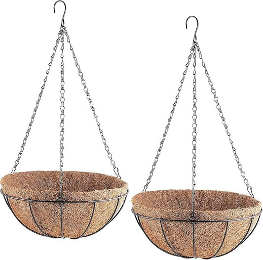 Orgrimmar 2 Pack 14" Metal Hanging Planter Basket with Coco Coir Liner, Small Round Wire Plant Holder with Chain for Hanging Plant and Flower