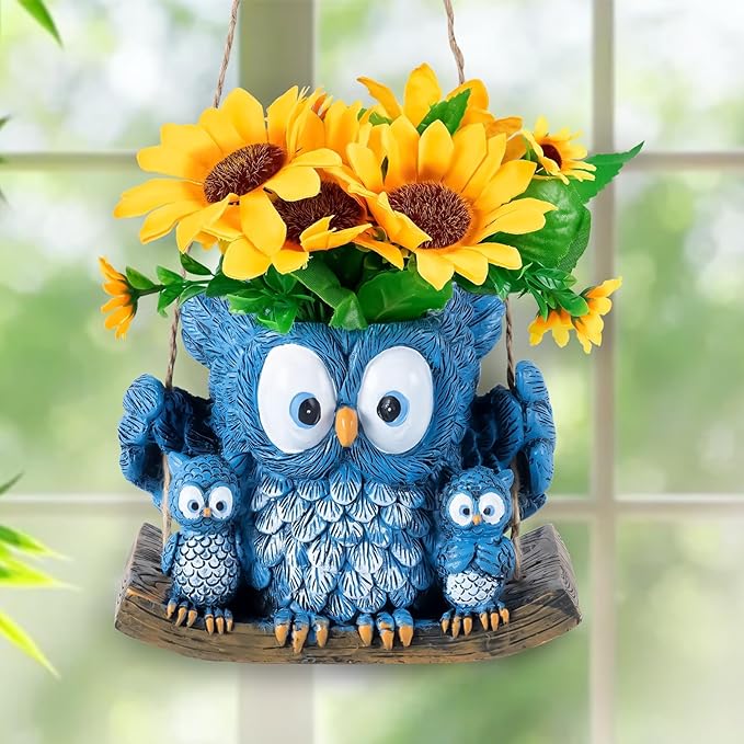 Swing Owl Hanging Planter for Indoor Outdoor Plants Decor Resin Hanging Owl Planter Pot with Rope, Cute Mother and Baby Design, Small Hanging Plant Holder for Garden, Patio, Balcony