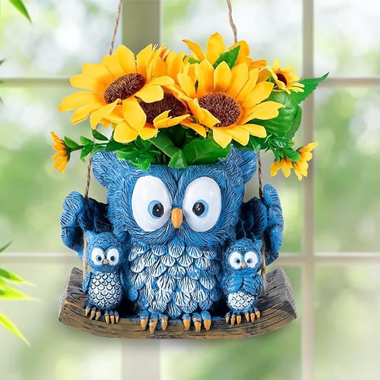 Swing Owl Hanging Planter for Indoor Outdoor Plants Decor Resin Hanging Owl Planter Pot with Rope, Cute Mother and Baby Design, Small Hanging Plant Holder for Garden, Patio, Balcony