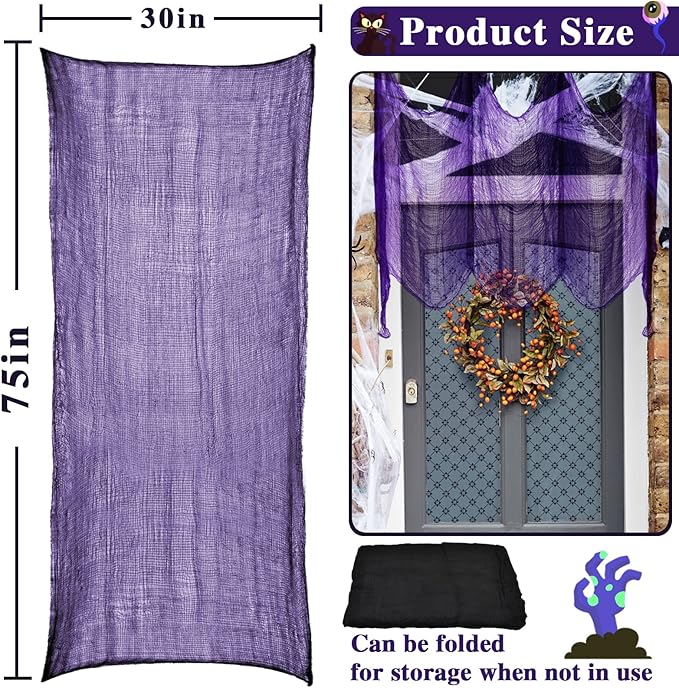 ZeeDix 6 Pack Halloween Creepy Cloth 30 x 75 Inch Polyester Fabric Halloween Decoration Spooky Scary Gauze Cloth Creepy Cheesecloth for Party Supplies Home Wall Doorway(Black, White, Purple)