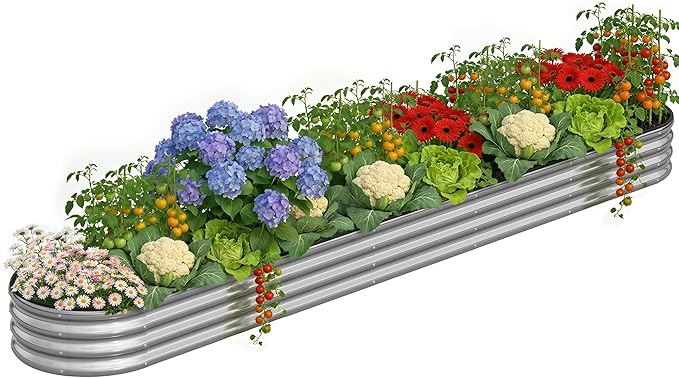 Galvanized Metal Raised Garden Bed Kit for Outdoor Planter Boxes with Easy Assembly,4x2x1ft-2PCS Oval Large Galvanized Gardening Raised Bed for Vegetables, Fruits, Flower (Silver, 12*2*1ft)