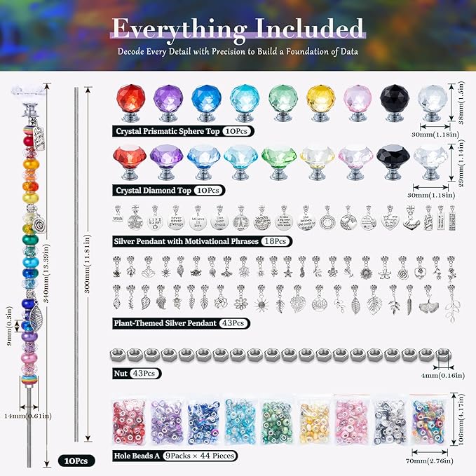 513Pcs DIY Beaded Garden Stakes, Fairy Wand Kit Garden Stakes Decorative with 18 Threaded Rod, Crystal Top, Large Holes Bead for Christmas Plants Garden Outdoor&Indoor Decorative（12IN）