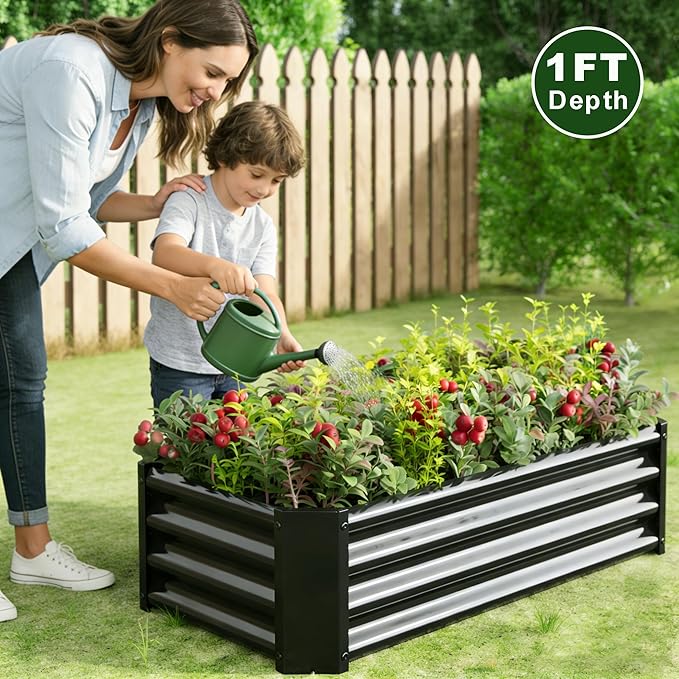 4x2x1ft Raised Garden Bed, Outdoor Galvanized Raised Garden Beds, Metal Raised Beds for Gardening Vegetables Fruits and Flowers, Easy Assembly, 52 Gallon Capacity - Black