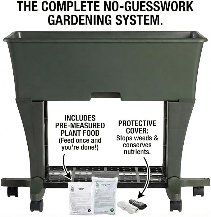 EarthBox Raised Garden Bed with Legs – Elevated Self Watering Planter Box with Wheels, Storage Shelf, Premium Plant Food, Easy Assembly, Made in USA, Dark Green