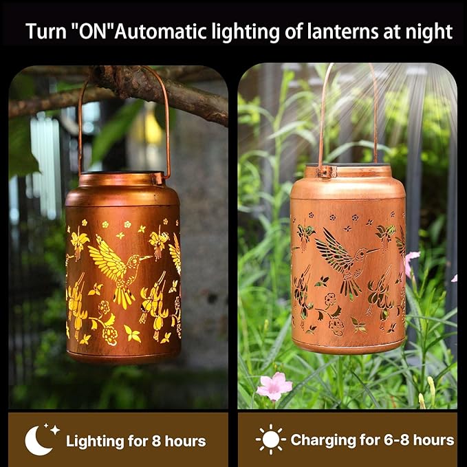 Solar Lanterns Outdoor Waterproof Hummingbird Hanging Solar Lights,Hollowed Metal Lantern Light Decorative for Garden,Patio,Yard,Lawn,Front,Porch Decor Gifts for Women Men Mom 2pack