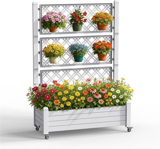 Raised Garden Bed with Trellis, 21 Gallon Self Watering Planter Box with Lockable Wheels & Drainage Holes for Climbing Plants Vegetables Flowers, Anti-Rust Resin for Backyard Patio (Ashen)