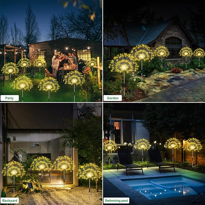 Solar Garden Lights Outdoor Waterproof, 4 Pack Total 480 LED Solar Firework Lights Decorative with 8 Lighting Modes Outside for Yard Pathway Flowerbed Decor, Warm White
