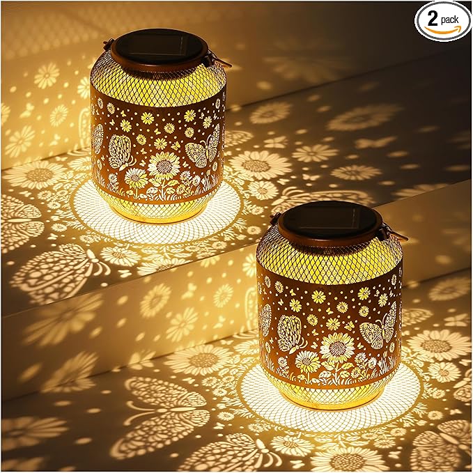 2 Pack Solar Lanterns Outdoor Waterproof Butterfly Garden Decor Birthday Gifts for Women Mom Grandma Hanging Solar Lights Metal Decoration Outside for Yard, Patio, Backyard, Porch, Pathway