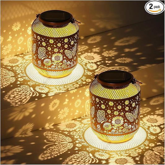 2 Pack Solar Lanterns Outdoor Waterproof Butterfly Garden Decor Birthday Gifts for Women Mom Grandma Hanging Solar Lights Metal Decoration Outside for Yard, Patio, Backyard, Porch, Pathway