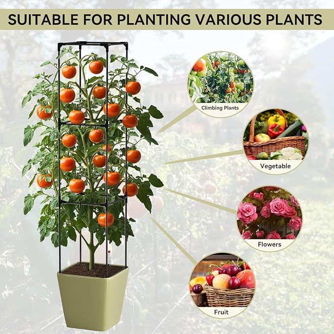 SUNYRISY Self Watering Planter Box with Plant Cage, Raised Garden Bed with Wheels and Tomato Cage for Climbing Plants Vegetable Vine Flowers Outdoor Patio