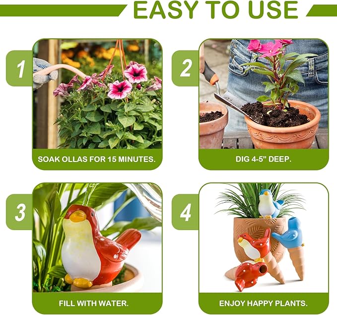 FirstGift 4 Pack Plant Self-Watering Stakes Terracotta Automatic Plant Waterer Devices Watering Globes Self-Watering Clay Planters Devices Perfect for Vacation Garden Plant Care （Blue/Red Bird）