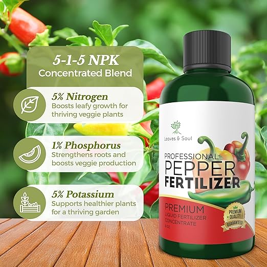 LEAVES AND SOUL Professional Liquid Pepper Fertilizer | 5-1-5 Concentrate, Liquid Plant Fertilizer for Garden, Healthy Produce, Good Harvest, Multi-Purpose Blend & Gardening Supplies | 8 oz