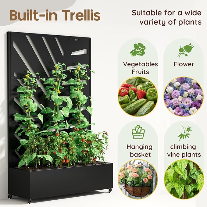 Metal Planter with Trellis& Wheels 72" x 47"x 15.7" Raised Garden Bed with Trellis,Privacy Planters for Patio,Garden Bed for Climbing Plants,Suitable for Climbing Plants and Vegetables,Black