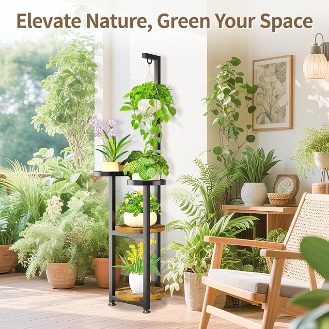 LASZOLA Black 4 Tier Tall Plant Stand Indoor with Hanging Ring, Large Heavy Duty Metal Vertical Corner Rack for Multiple Planter, Sturdy Wrought Iron Flower Shelf Holder Organizer for House Patio