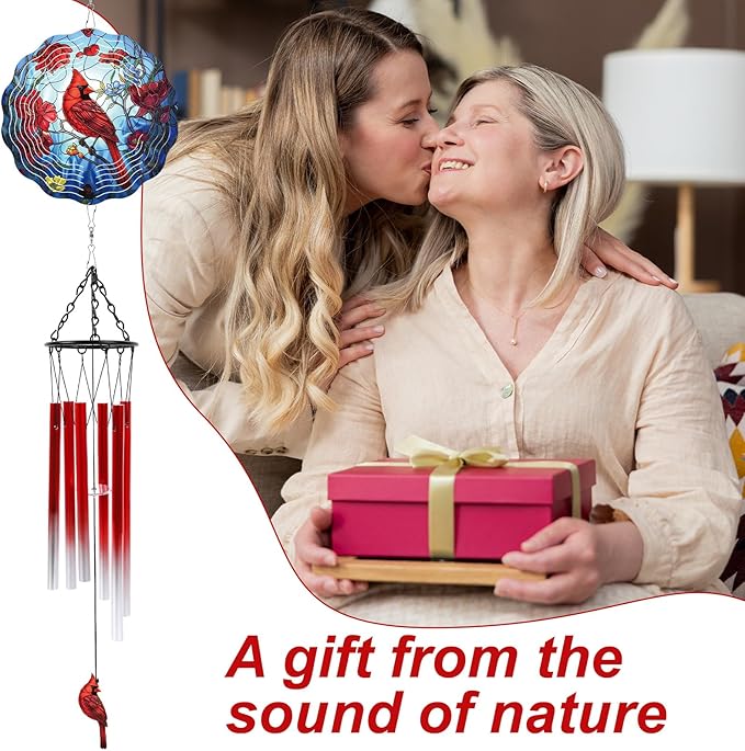 Cardinal Wind Chimes with Wind Spinner Gifts for Women, Cardinal Hanging Wind Spinners Outdoor Gifts for Mom Grandma, Windchimes Outdoor Xmas Decor for Yard Garden Christmas