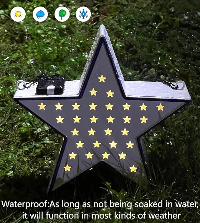 Metal Solar Star Lantern Light Outdoor Garden Decor for Patio,Yard,Tree,Patriotic Memorial Day 4th of July Star Decorations,White