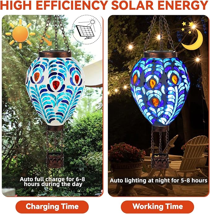 VOREEN Hot Air Balloon Solar Lantern, Handmade Mosaic Solar Outdoor Hanging Wind Light, Waterproof, Patio Festive Decor, Gift for Mom Wife Friend, Peacock Feather Design