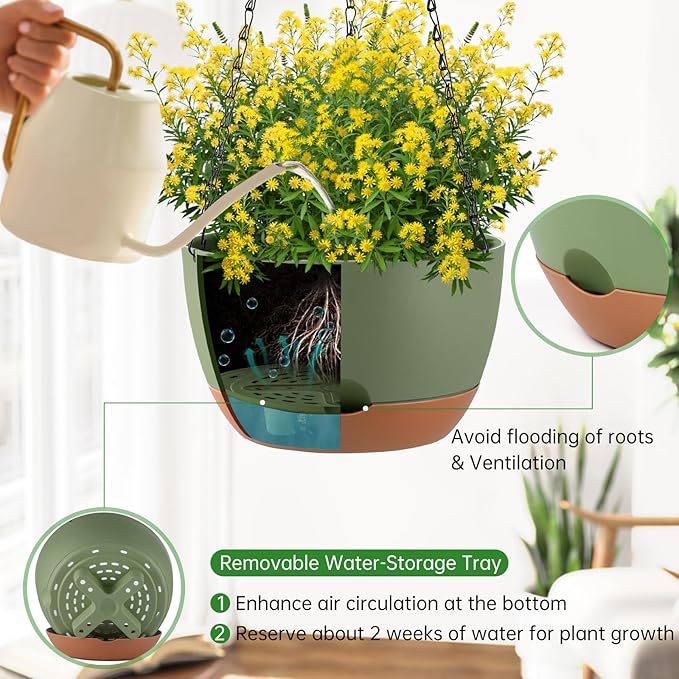 Set of 2 10 Inch Self Watering Hanging Planters for Indoor Outdoor Plants, Color Blocking Hanging Baskets Flower Pots with Drainage Hole & Removable Water-Storage Tray