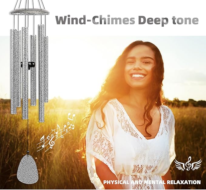 Wind-Chimes-Outdoor-Deep-Tone, Large Soothing Melodic Tones Windchimes, Wind Chimes for Outside, Memorial Wind Chime Best Gift for Mom Women Grandma Neighbors(32" Silver Coated Aluminum)
