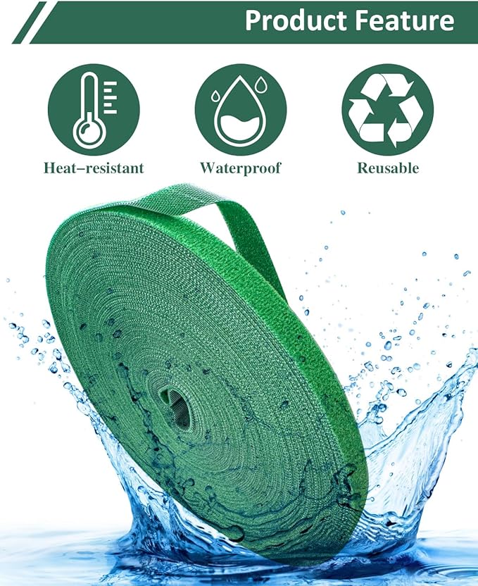 sousac 65.6 Ft Plant Ties Garden Tape, Reusable Adjustable Plant Clips for Climbing Plants, Green Nylon Self Adhesive Plant Twist Tie Strap to Support Gardening Plants