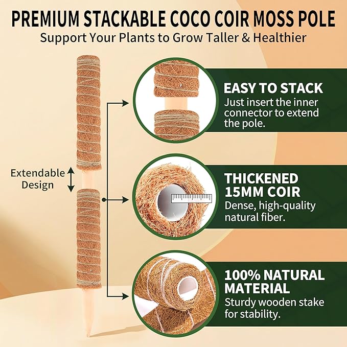 Moss Pole Monstera Plant Support, All Growth Stages, Two 28'' Bendable Poles & Two 12'' Stackable Coir Poles, 7mm Aluminum Core Houseplant Support Stakes, Indoor Trellis Accessories for Monstera