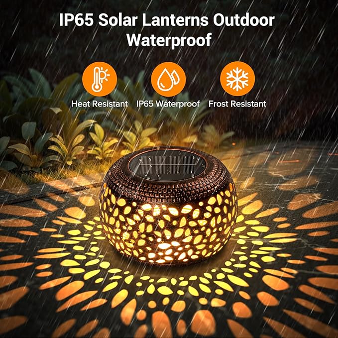 Solar Lanterns Outdoor Waterproof: 2 Pack Hollow Out Retro Metal Solar Lights - Decorative Atmosphere Table Lantern - Gifts for Women Mother's Day Garden Yard Patio Outside & Indoor Tabletop Decor