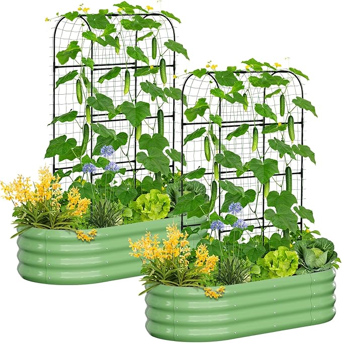 SUNYRISY 2Pack Galvanized Raised Garden Bed with 71in Arch Trellis for Climbing Plants, Outdoor Planter Box with Climbing Net for Gardening Flowers Vegetables Fruits Herbs, Green