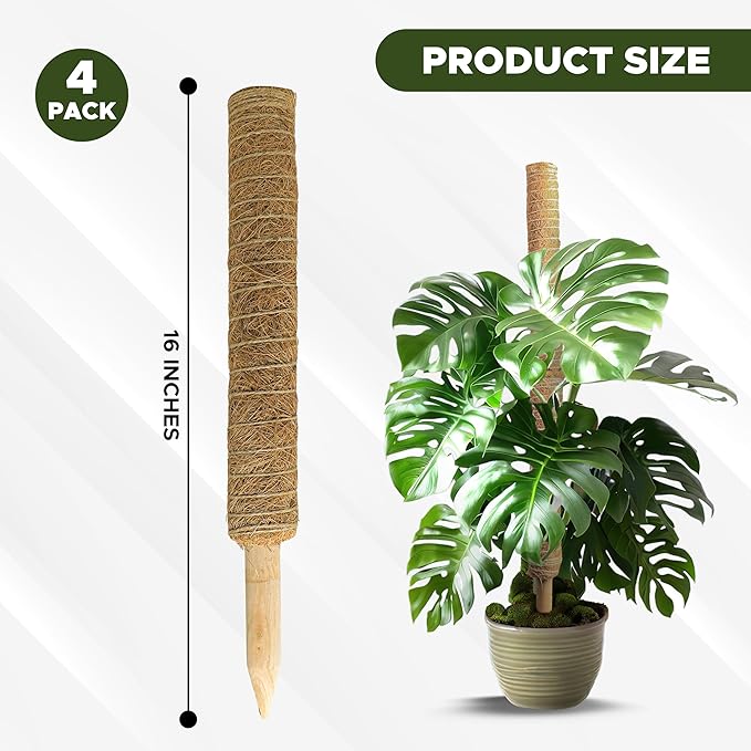 EcoNour 47.5" (4 Pack - 16") Stackable Moss Pole for Monstera Plant Support | Moss Sticks for Indoor Plants | Coir Totem Poles for Climbing Plants, Potted Plants, Creepers with Tie Accessories