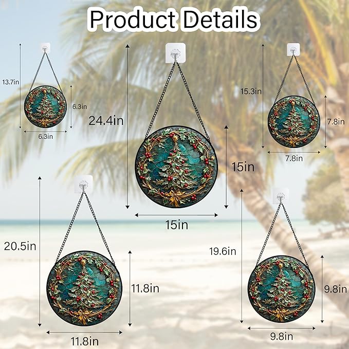 Stained Glass Window Hangings - Red Gold Green Wreath Suncatcher for Door Home Christmas Tree Decoration Sun Catcher Thanksgiving New Year Birthday Gift for Women Men Mom Grandma 7.8 in