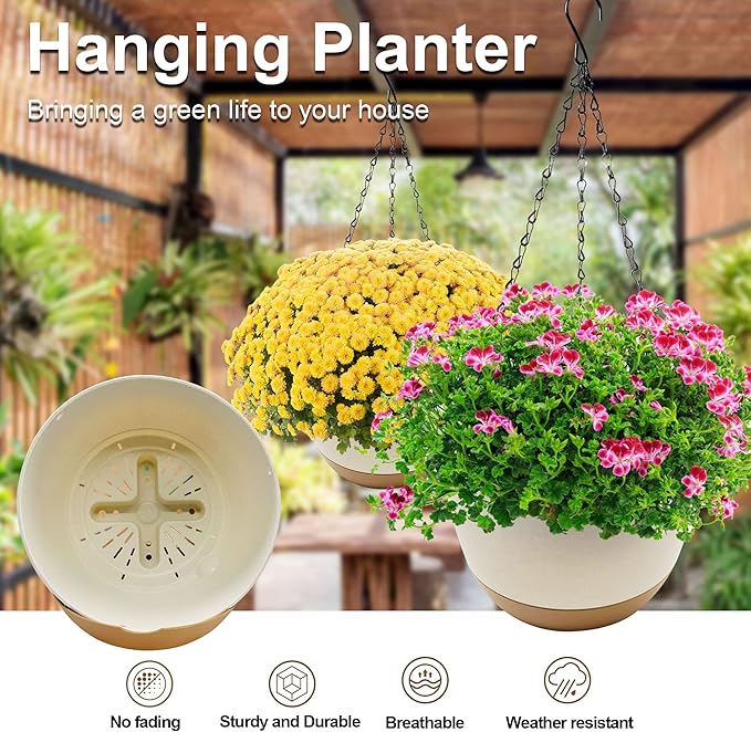2 Pack Hanging Planters for Outdoor Indoor Plants, 10 Inch Plastic Outdoor Hanging Planter, Hanging Flower Pots for Outside with Drainage Holes & Removable Saucer for Garden Home