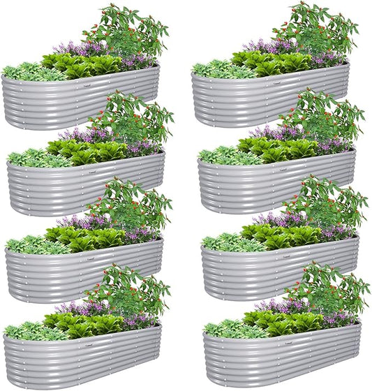 8 Pack 8x3x2FT Galvanized Raised Garden Bed Kit Oval Metal Ground Planter Box Outdoor Bottomless Planter Raised Beds for Vegetables Flowers Herbs Fruits, Gray