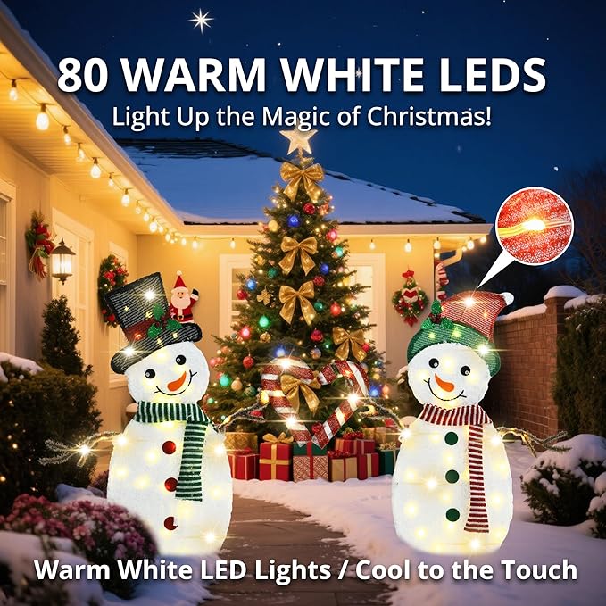 32" H Snowman Lighgts Outdoor Christmas Decorations, 2D Pre-lit Cute Holiday Lawn Lights Decors, 80 Warm White LEDs, Flat Xmas Yard Decor, Perfect for Garden, Driveway, 2-Piece Set