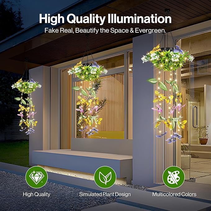 Solar Hanging Garden Lights - 2 Pack, Artificial Butterfly & Flower LED Fairy String Lights, IP65 Waterproof Outdoor Festive Decor for Patio, Porch, Garden, Yard, Warm Gift for Mom, Family & Friends