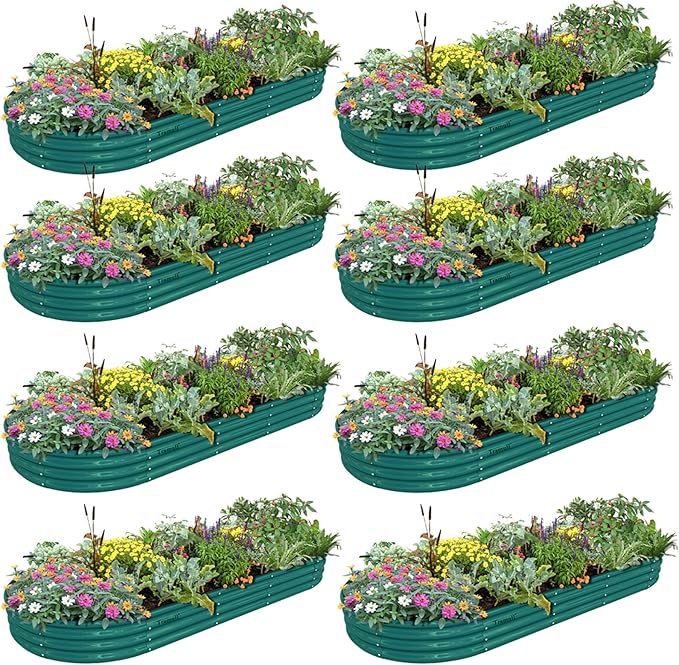8 Pack 8x3x1FT Galvanized Raised Garden Bed Kit Oval Metal Ground Planter Box Outdoor Bottomless Planter Raised Beds for Vegetables Flowers Herbs Fruits, Green