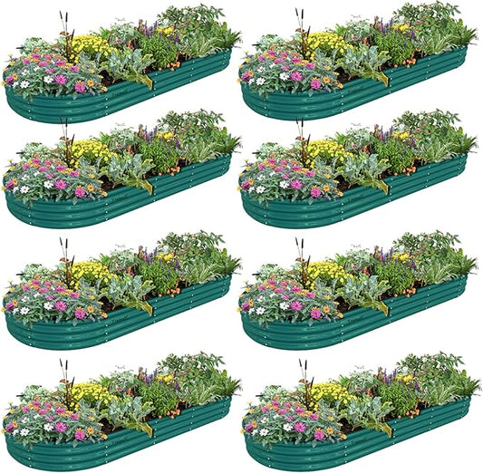 8 Pack 8x3x1FT Galvanized Raised Garden Bed Kit Oval Metal Ground Planter Box Outdoor Bottomless Planter Raised Beds for Vegetables Flowers Herbs Fruits, Green