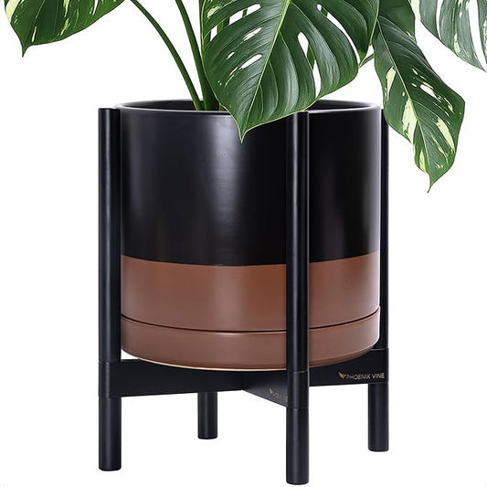 D'vine Dev Ceramic Planter with Ebony Stand - 14 Inch Modern Round Flower Pot with Wood Planter Holder, Black/Speckled Tan, 55-B-S-7
