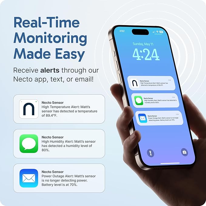 Necto Cellular Temperature Monitor - Remote Power Failure Alarm & Humidity Sensor with Unlimited Alerts. Temp Monitoring System for RV Pet Safety, Vacation Home, Server Room. No Fees or WiFi Required